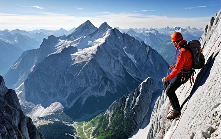 **A majestic view from the Austrian Alps, specifically the Dachstein peak. Capture the feeling of accomplishment, with a climber overlooking the stunning panorama. Focus on the vastness of the mountain range and the beauty of the glaciers.** (Keywords: Austrian Alps, Dachstein, mountain peak, climber, panorama, glacier, accomplishment, scenic view)