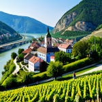 Wachau Valley Scene**

"Picturesque view of the Wachau Valley in Austria, with terraced vineyards sloping down to the Danube River, a charming village in the background, fully clothed people strolling through the vineyards, appropriate attire, safe for work, perfect anatomy, natural proportions, professional photography, high quality, daytime, clear sky, family-friendly."

**