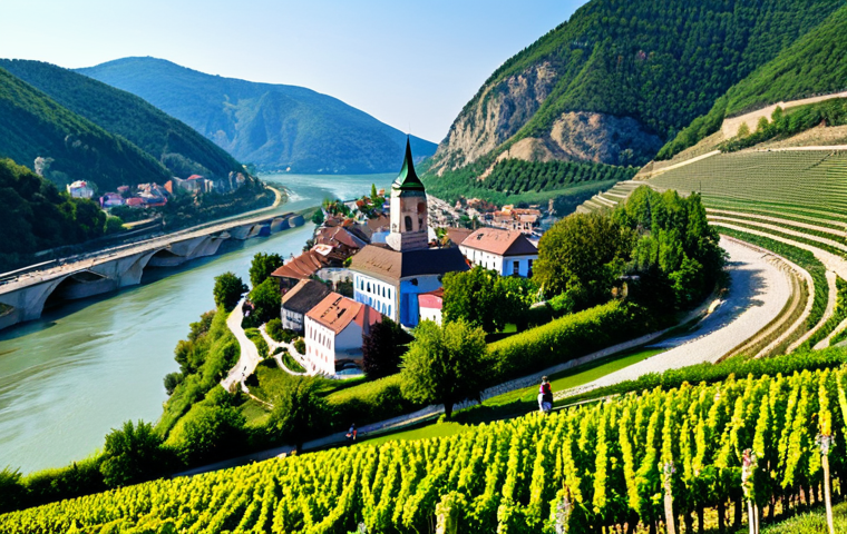 Wachau Valley Scene**

"Picturesque view of the Wachau Valley in Austria, with terraced vineyards sloping down to the Danube River, a charming village in the background, fully clothed people strolling through the vineyards, appropriate attire, safe for work, perfect anatomy, natural proportions, professional photography, high quality, daytime, clear sky, family-friendly."

**